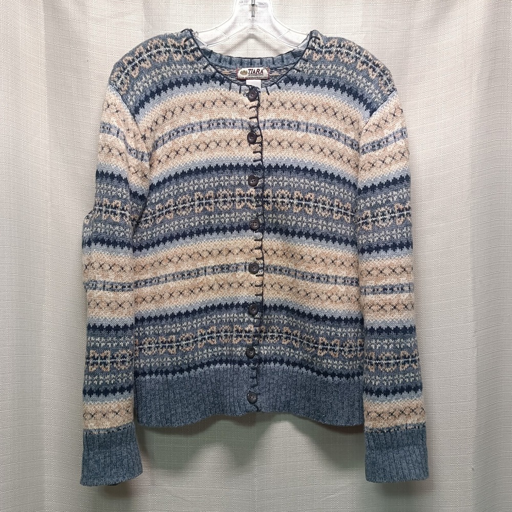 Vtg Tiara International Women's XL Blue Beige Fair Isle Print Cardigan Y2K